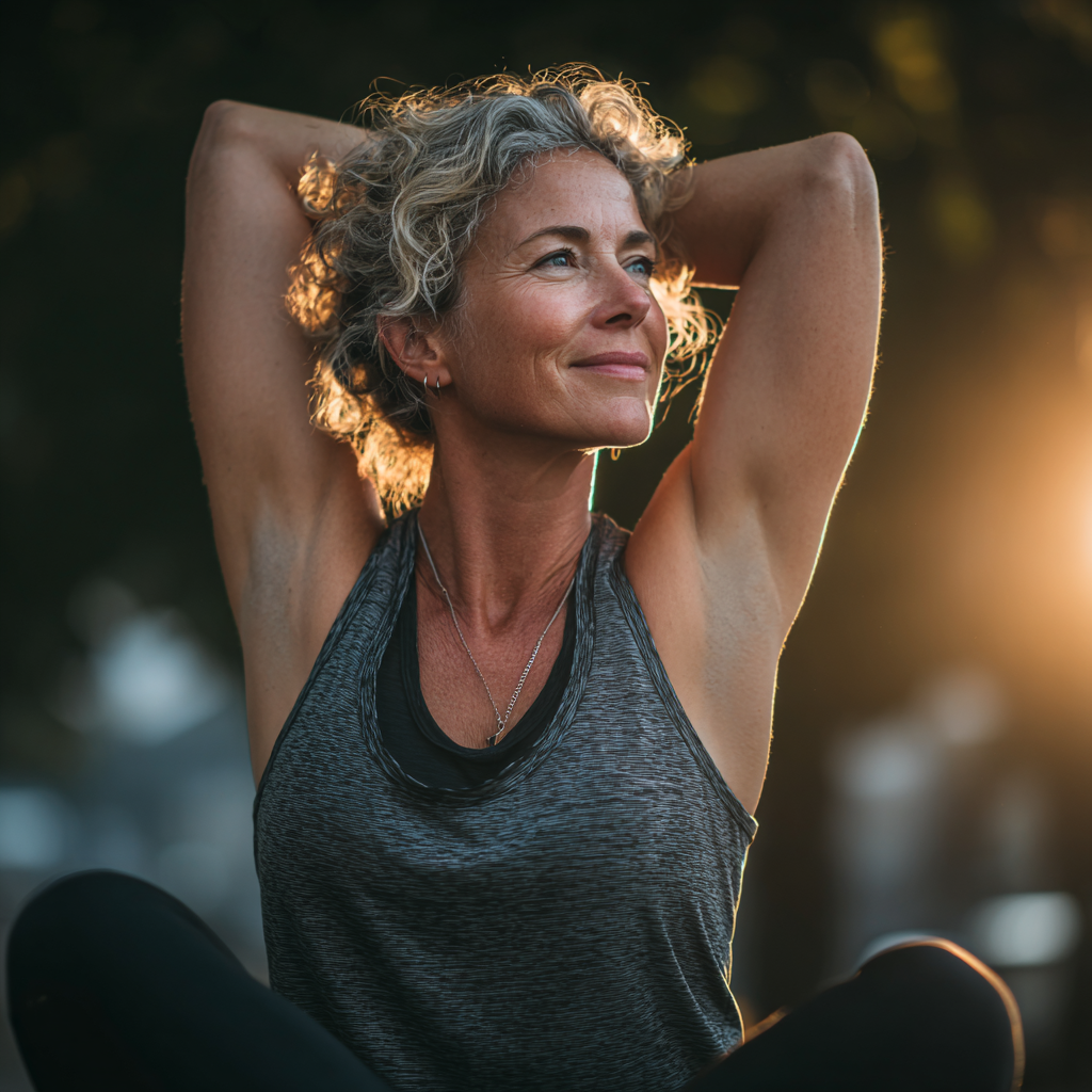 Energetic woman in her early 50s stretching outdoors in athletic wear, displaying flexibility and strength during her morning exercise routine in a park setting