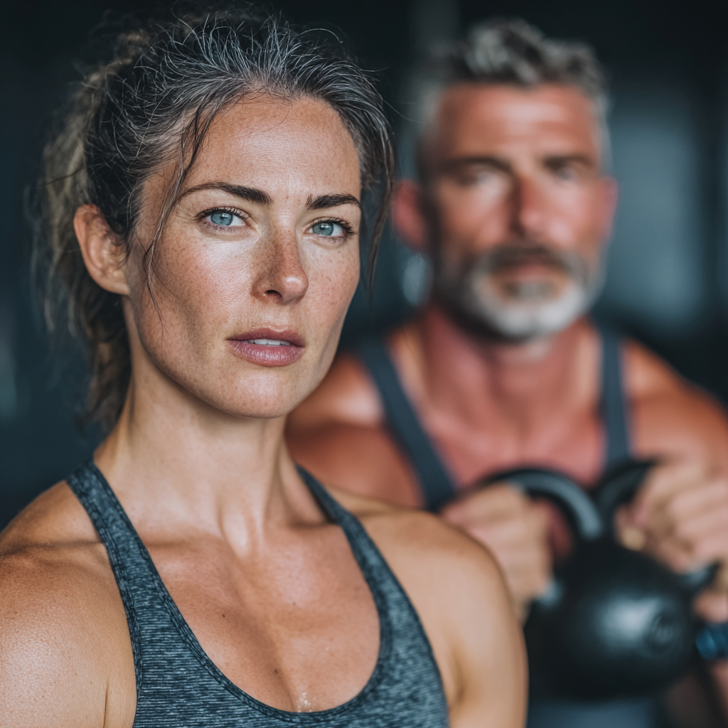 Middle-aged man and woman in their 40s performing functional training exercises with kettlebells in a modern gym setting, both wearing athletic clothing and showing focused determination